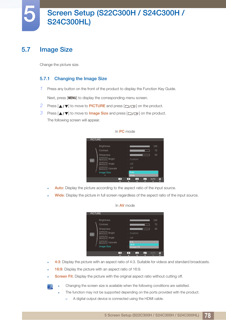 7 image size, 1 changing the image size, Image size | Changing the image size | Samsung LS24C300HL-ZA User Manual | Page 78 / 159