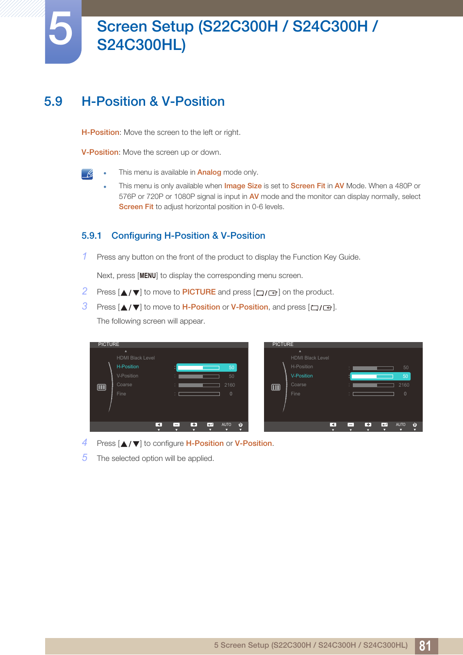 9 h-position & v-position, 1 configuring h-position & v-position, H-position & v-position | Configuring h-position & v-position | Samsung LS24C300HL-ZA User Manual | Page 81 / 159
