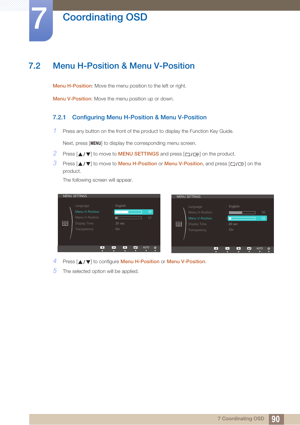 2 menu h-position & menu v-position, 1 configuring menu h-position & menu v-position, Menu h-position & menu v-position | Configuring menu h-position & menu v- position, Coordinating osd | Samsung LS24C300HL-ZA User Manual | Page 90 / 159
