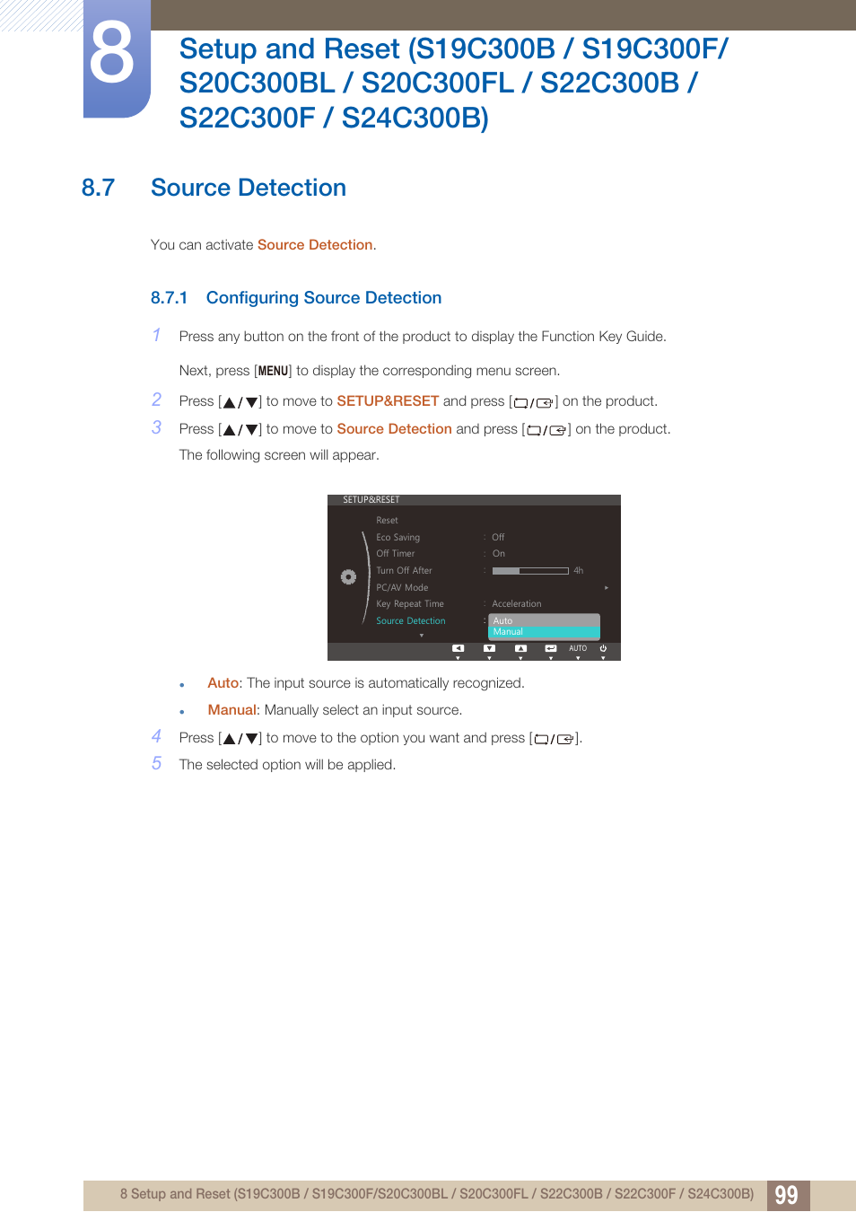 7 source detection, 1 configuring source detection, Source detection | Configuring source detection | Samsung LS24C300HL-ZA User Manual | Page 99 / 159