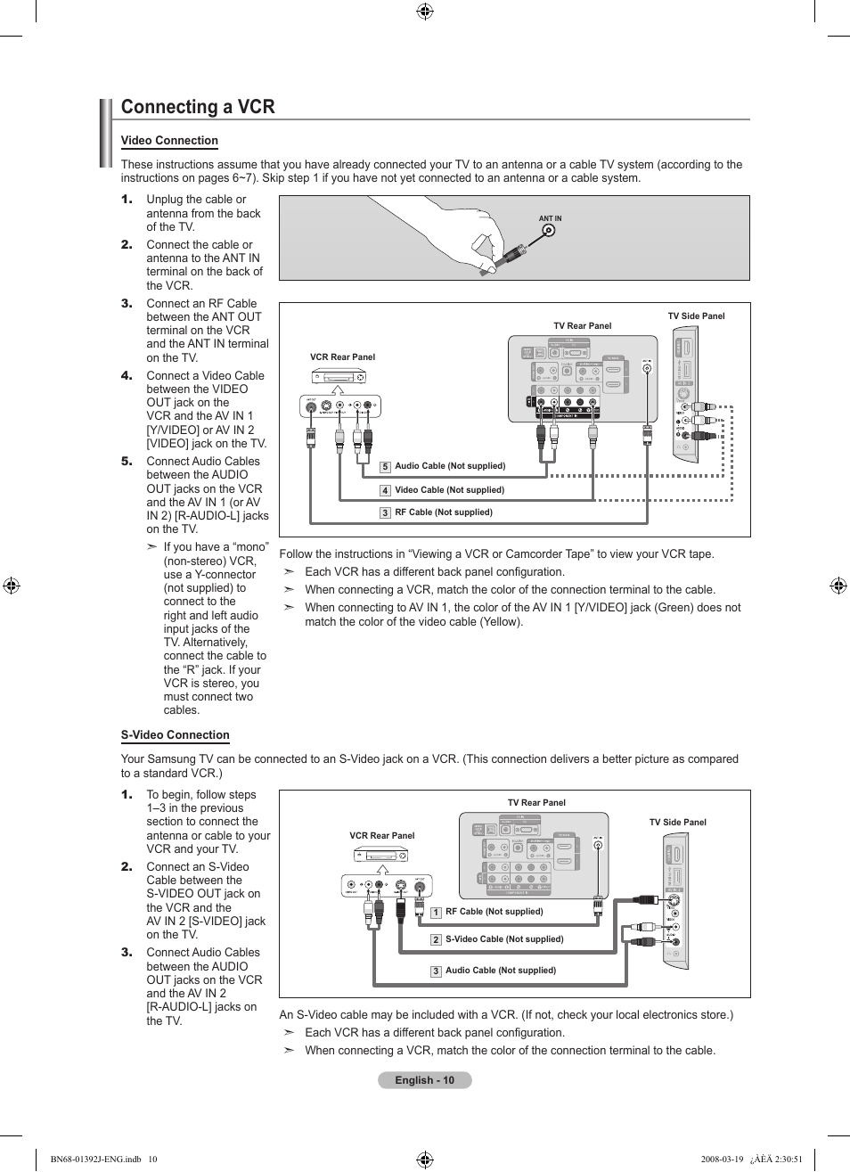 Connecting a vcr, Connecting a pc | Samsung LN46A540P2FXZA User Manual | Page 12 / 197