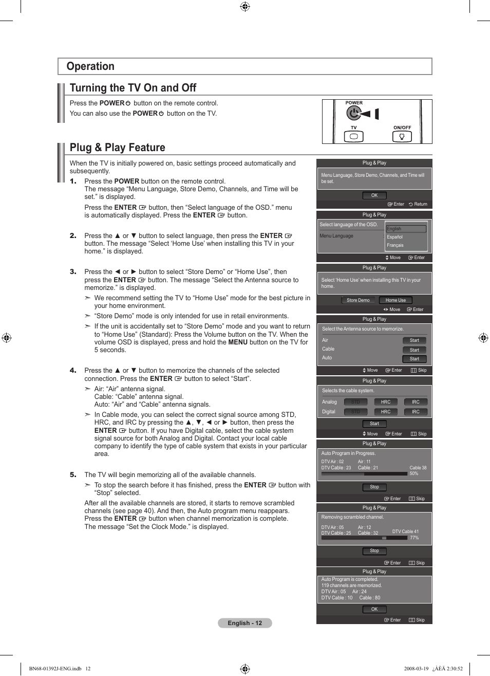 Operation, Turning the tv on and off, Plug & play feature | Adjusting the volume, Viewing the display, Operation plug & play feature | Samsung LN46A540P2FXZA User Manual | Page 14 / 197