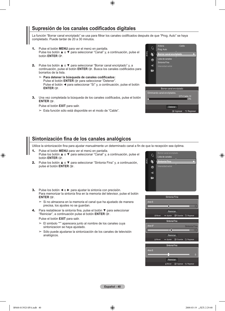 Supresión de los canales codificados digitales, Sintonización fina de los canales analógicos | Samsung LN46A540P2FXZA User Manual | Page 144 / 197