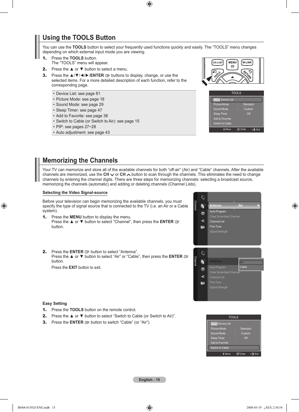 Using the tools button, Memorizing the channels, To edit the input source name | Samsung LN46A540P2FXZA User Manual | Page 17 / 197