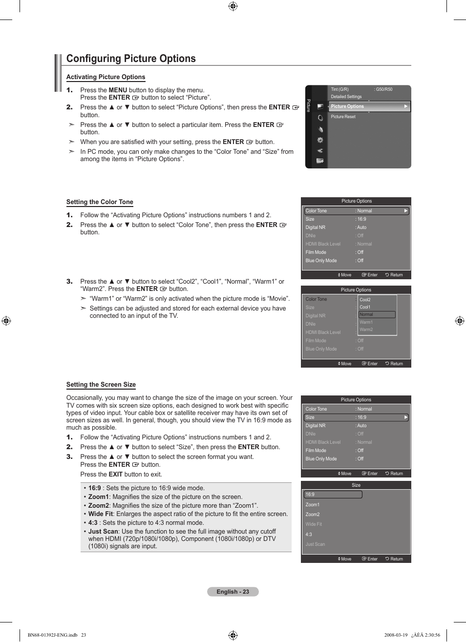 Configuring picture options, Sound control | Samsung LN46A540P2FXZA User Manual | Page 25 / 197
