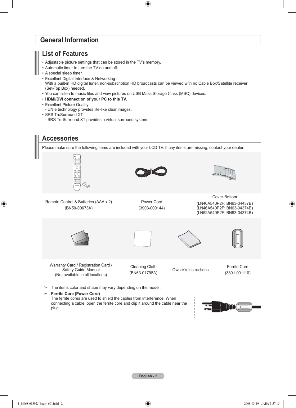 General information, List of features, Accessories | Viewing the connection panel, Remote control | Samsung LN46A540P2FXZA User Manual | Page 4 / 197