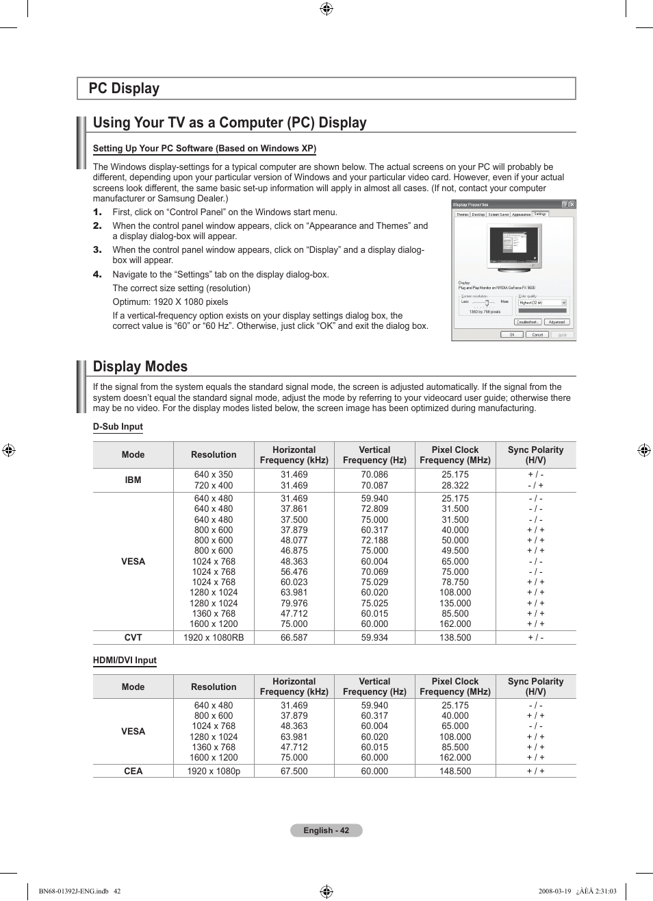 Pc display, Using your tv as a computer (pc) display, Display modes | Time setting, Pc display display modes | Samsung LN46A540P2FXZA User Manual | Page 44 / 197