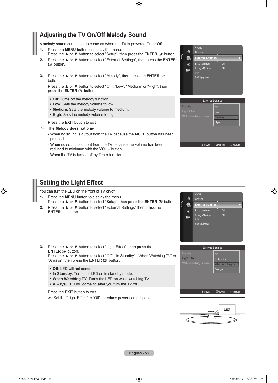 Adjusting the tv on/off melody sound, Setting the light effect, Using the energy saving feature | Upgrading the software | Samsung LN46A540P2FXZA User Manual | Page 60 / 197