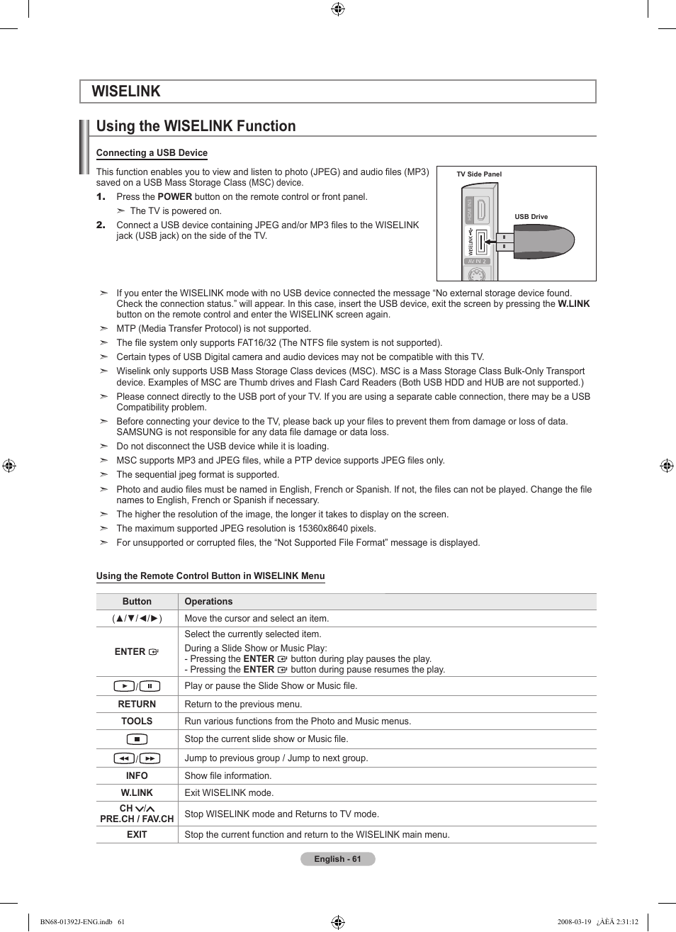 Wiselink, Using the wiselink function, Wiselink using the wiselink function | Samsung LN46A540P2FXZA User Manual | Page 63 / 197