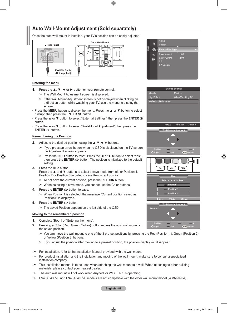 Auto wall-mount adjustment (sold separately) | Samsung LN46A540P2FXZA User Manual | Page 89 / 197