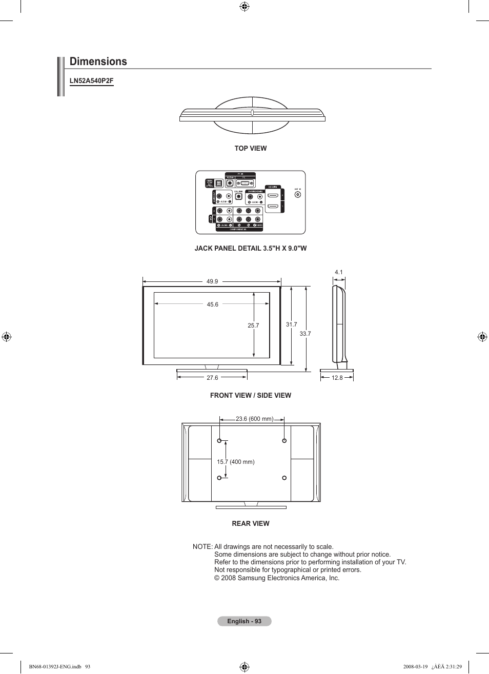 Dimensions | Samsung LN46A540P2FXZA User Manual | Page 95 / 197