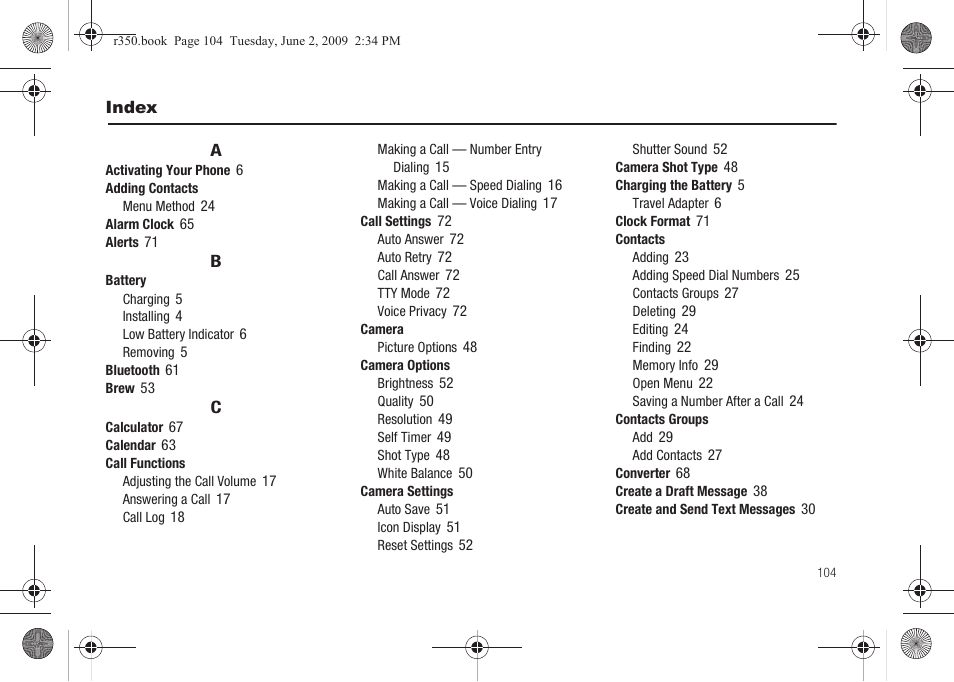 Index | Samsung SCH-R350TGAXAR User Manual | Page 107 / 110