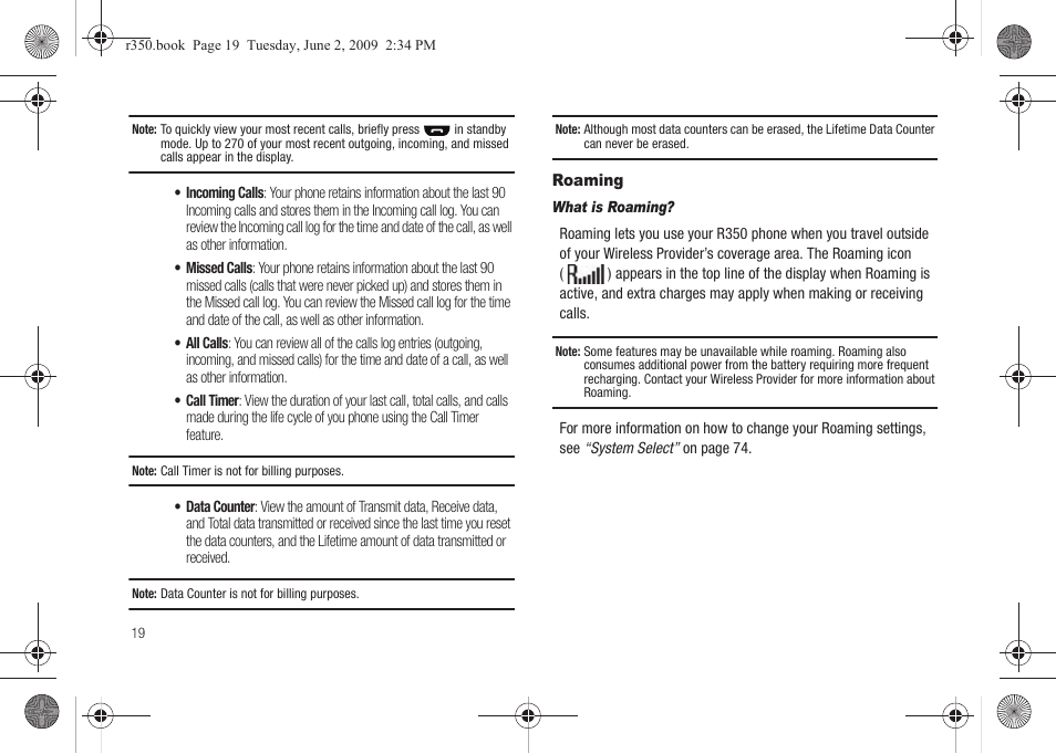 Roaming | Samsung SCH-R350TGAXAR User Manual | Page 22 / 110