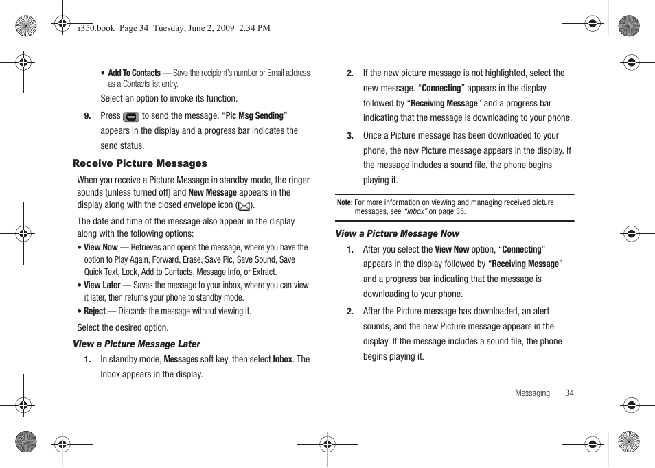 Receive picture messages | Samsung SCH-R350TGAXAR User Manual | Page 37 / 110