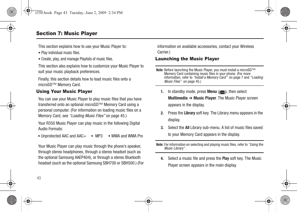 Section 7: music player, Using your music player, Launching the music player | Using your music player launching the music player | Samsung SCH-R350TGAXAR User Manual | Page 46 / 110