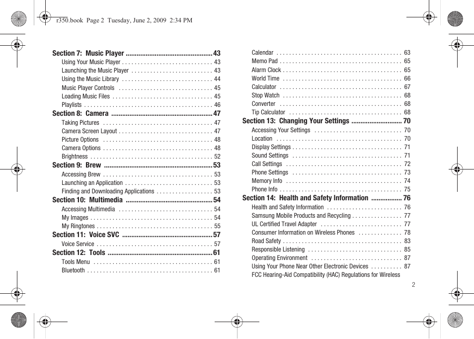 Section 7: music player 43, Section 8: camera 47, Section 9: brew 53 | Section 10: multimedia 54, Section 11: voice svc 57, Section 12: tools 61, Section 13: changing your settings 70, Section 14: health and safety information 76 | Samsung SCH-R350TGAXAR User Manual | Page 5 / 110