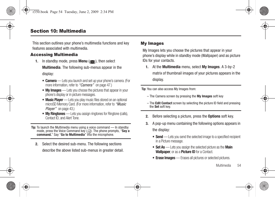 Section 10: multimedia, Accessing multimedia, My images | Accessing multimedia my images | Samsung SCH-R350TGAXAR User Manual | Page 57 / 110