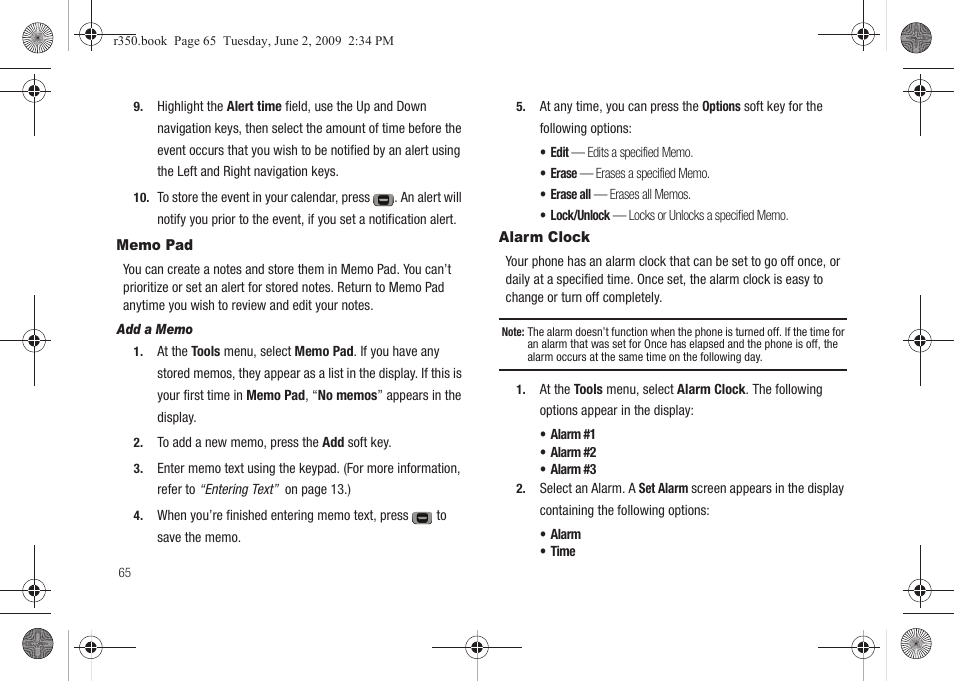 Memo pad, Alarm clock, Memo pad alarm clock | Samsung SCH-R350TGAXAR User Manual | Page 68 / 110