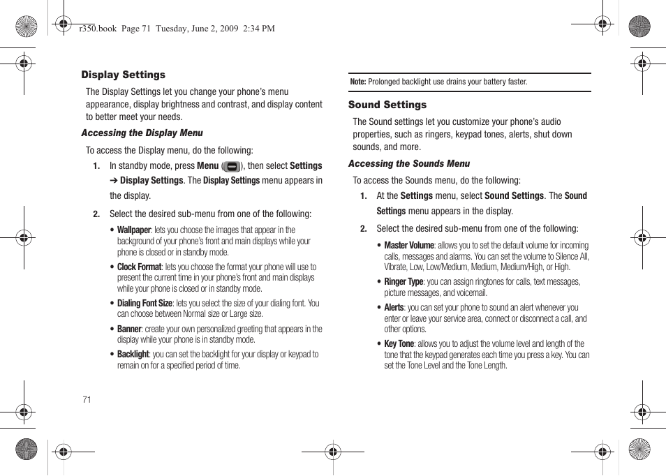 Display settings, Sound settings, Display settings sound settings | Samsung SCH-R350TGAXAR User Manual | Page 74 / 110