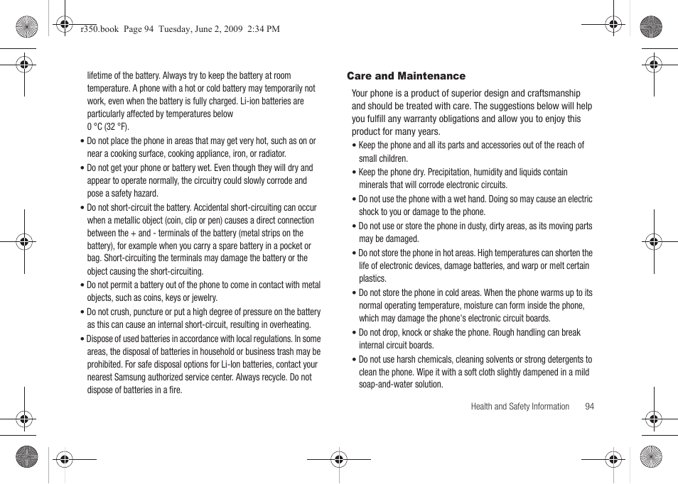 Care and maintenance | Samsung SCH-R350TGAXAR User Manual | Page 97 / 110