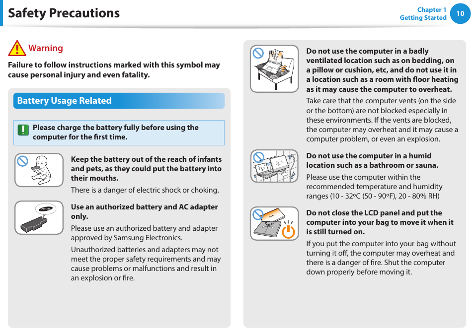 Safety precautions, Battery usage related, Warning | Samsung NP915S3G-K04US User Manual | Page 10 / 145