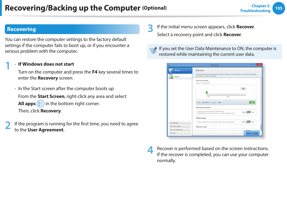 Recovering/backing up the computer | Samsung NP915S3G-K04US User Manual | Page 105 / 145