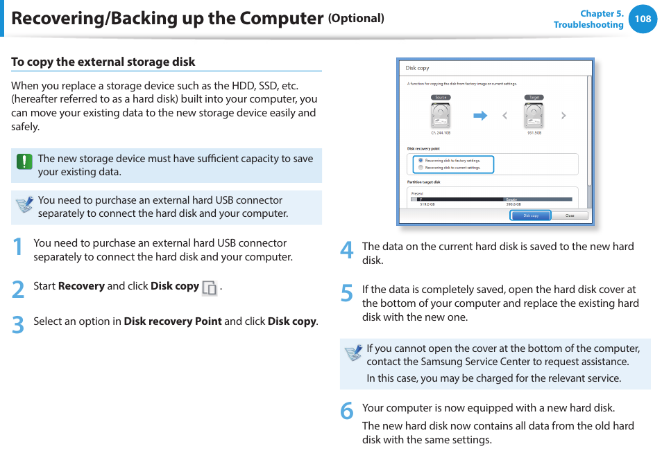 Recovering/backing up the computer | Samsung NP915S3G-K04US User Manual | Page 108 / 145