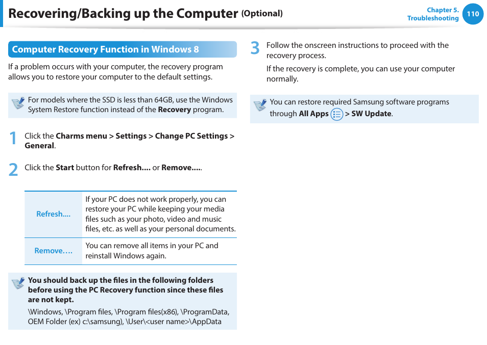 Recovering/backing up the computer | Samsung NP915S3G-K04US User Manual | Page 110 / 145