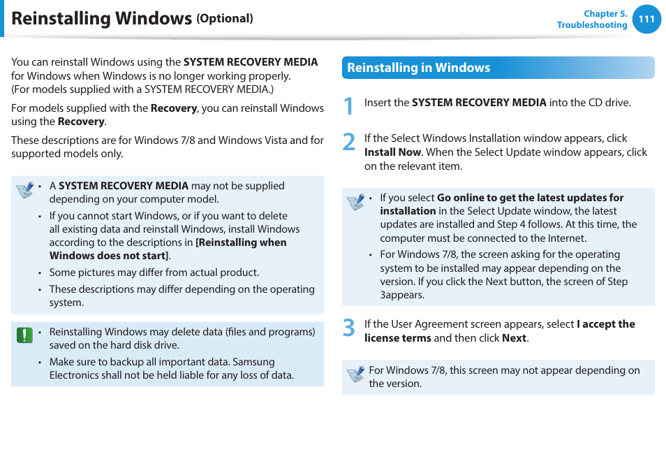 Reinstalling windows (optional), Reinstalling windows | Samsung NP915S3G-K04US User Manual | Page 111 / 145