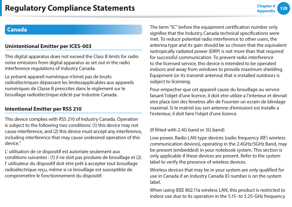 Regulatory compliance statements | Samsung NP915S3G-K04US User Manual | Page 128 / 145