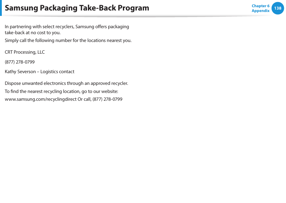 Samsung packaging take-back program | Samsung NP915S3G-K04US User Manual | Page 138 / 145