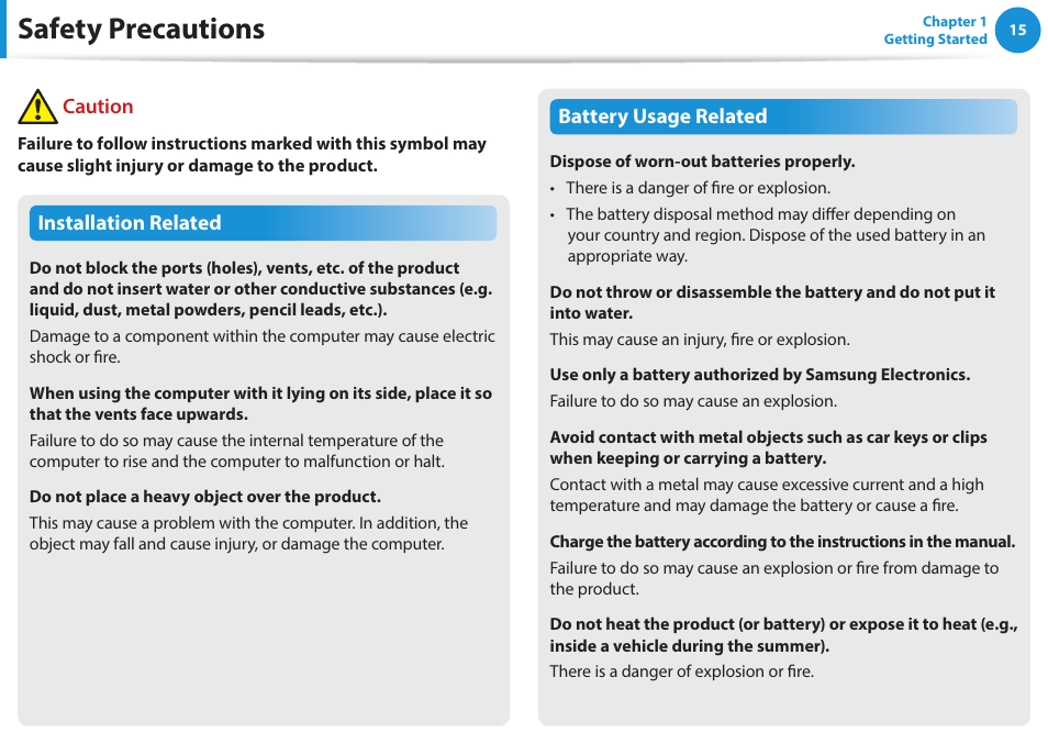 Safety precautions | Samsung NP915S3G-K04US User Manual | Page 15 / 145