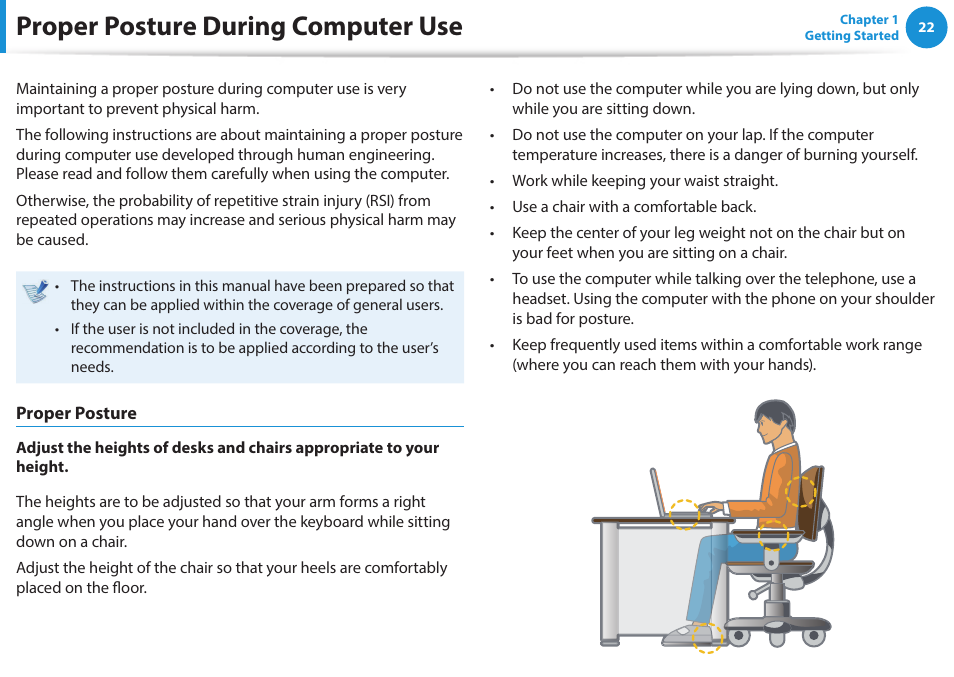 Proper posture during computer use | Samsung NP915S3G-K04US User Manual | Page 22 / 145