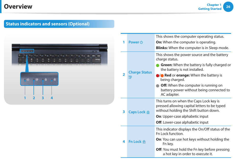 Overview, Status indicators and sensors (optional) | Samsung NP915S3G-K04US User Manual | Page 26 / 145