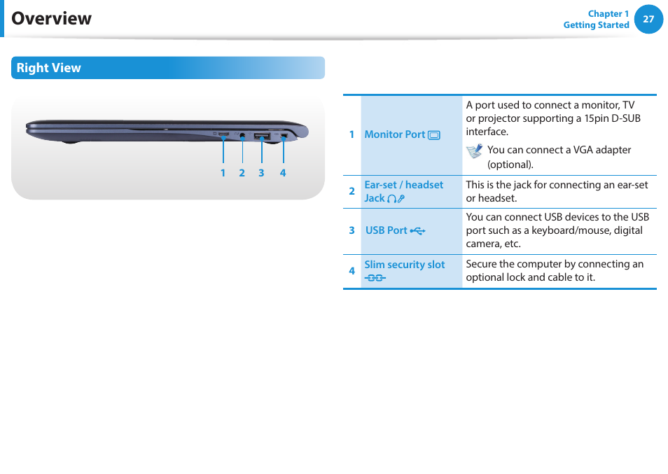 Overview, Right view | Samsung NP915S3G-K04US User Manual | Page 27 / 145