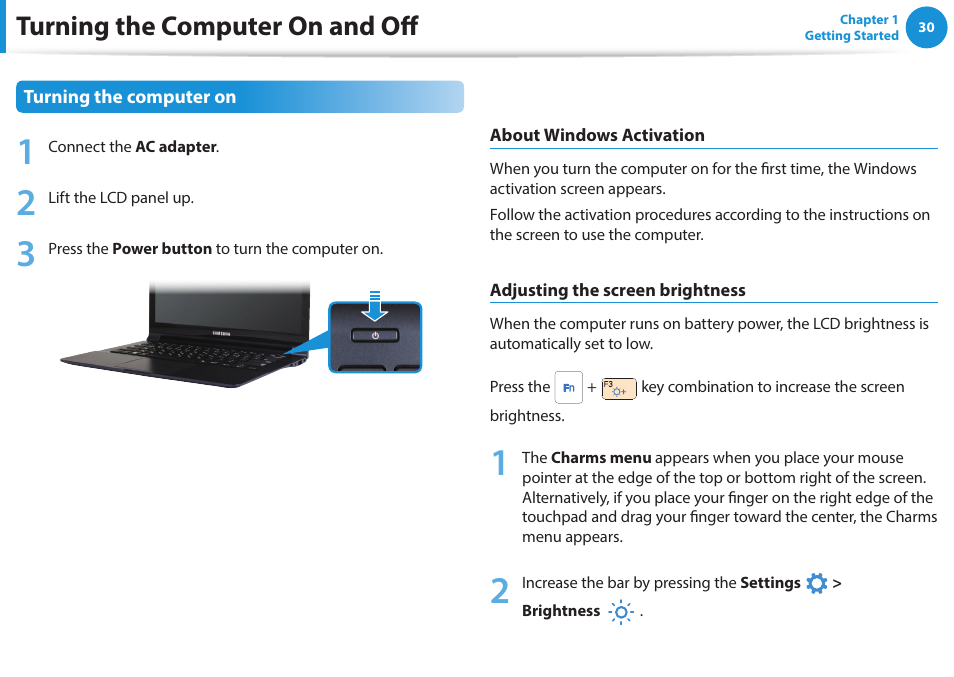 Turning the computer on and off | Samsung NP915S3G-K04US User Manual | Page 30 / 145