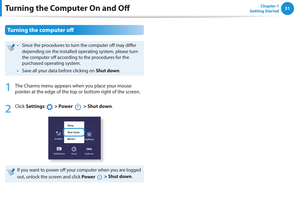 Turning the computer on and off, Turning the computer off | Samsung NP915S3G-K04US User Manual | Page 31 / 145