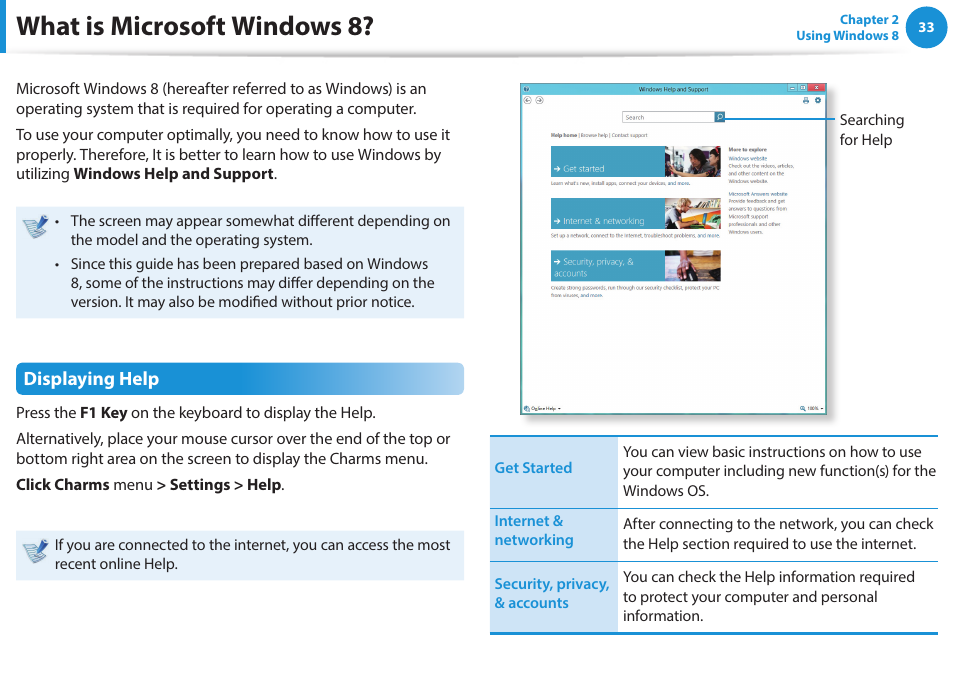 What is microsoft windows 8, Displaying help | Samsung NP915S3G-K04US User Manual | Page 33 / 145