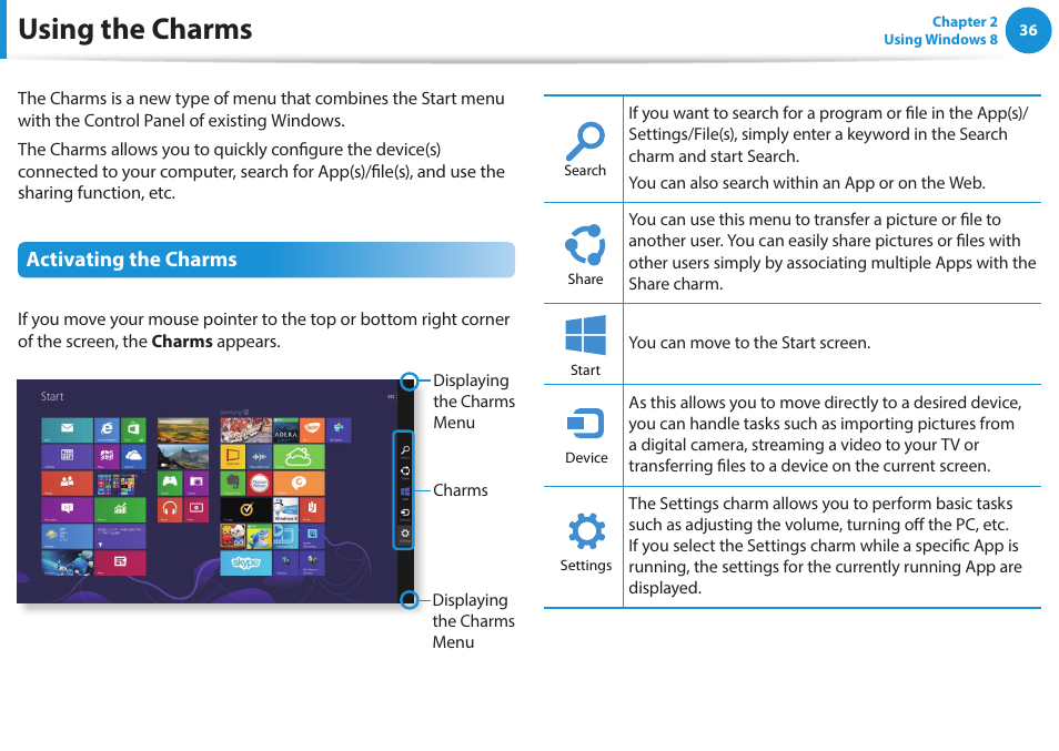 Using the charms, Activating the charms | Samsung NP915S3G-K04US User Manual | Page 36 / 145