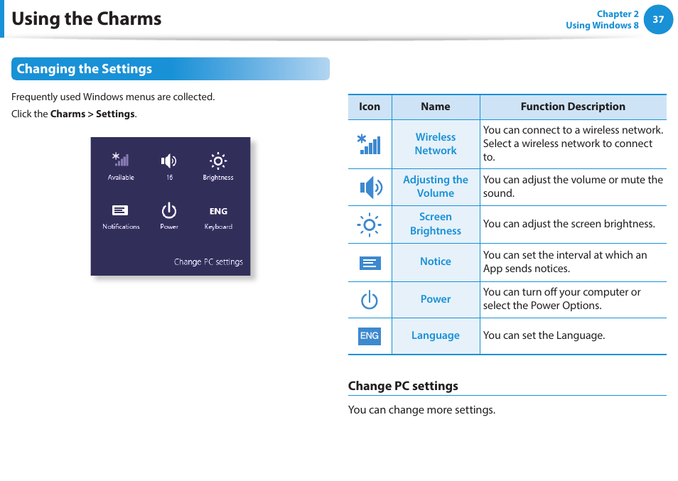 Using the charms, Changing the settings | Samsung NP915S3G-K04US User Manual | Page 37 / 145