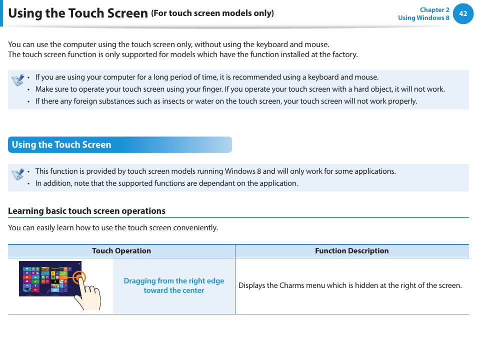 Using the touch screen (for touch screen models, Only), Using the touch screen | For touch screen models only) | Samsung NP915S3G-K04US User Manual | Page 42 / 145