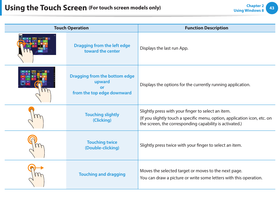 Using the touch screen | Samsung NP915S3G-K04US User Manual | Page 43 / 145