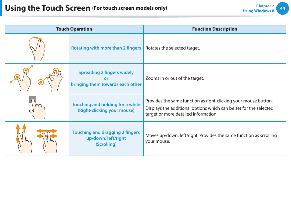 Using the touch screen | Samsung NP915S3G-K04US User Manual | Page 44 / 145