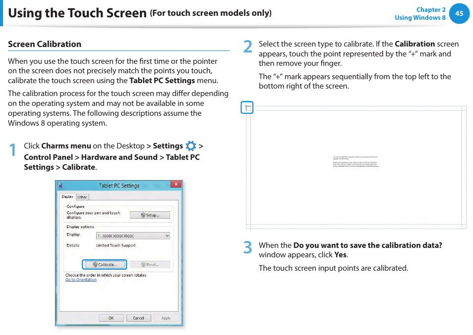 Using the touch screen | Samsung NP915S3G-K04US User Manual | Page 45 / 145