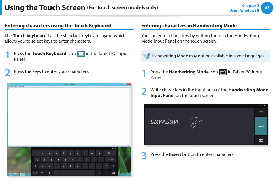 Using the touch screen | Samsung NP915S3G-K04US User Manual | Page 47 / 145