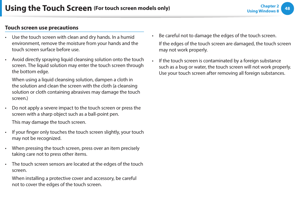 Using the touch screen | Samsung NP915S3G-K04US User Manual | Page 48 / 145