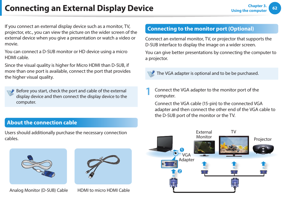 Connecting an external display device | Samsung NP915S3G-K04US User Manual | Page 62 / 145