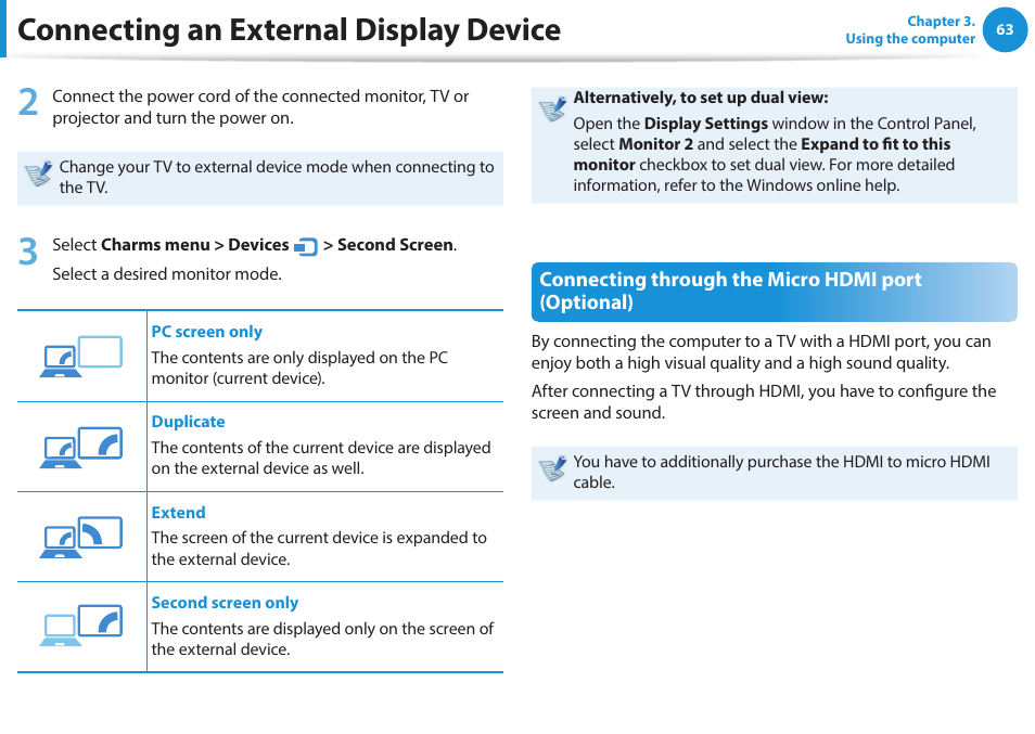 Connecting an external display device, Connecting through the micro hdmi port (optional) | Samsung NP915S3G-K04US User Manual | Page 63 / 145