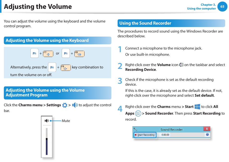 Adjusting the volume | Samsung NP915S3G-K04US User Manual | Page 65 / 145