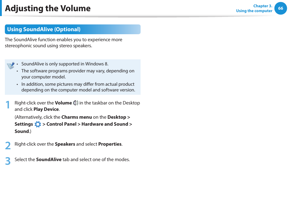 Adjusting the volume | Samsung NP915S3G-K04US User Manual | Page 66 / 145